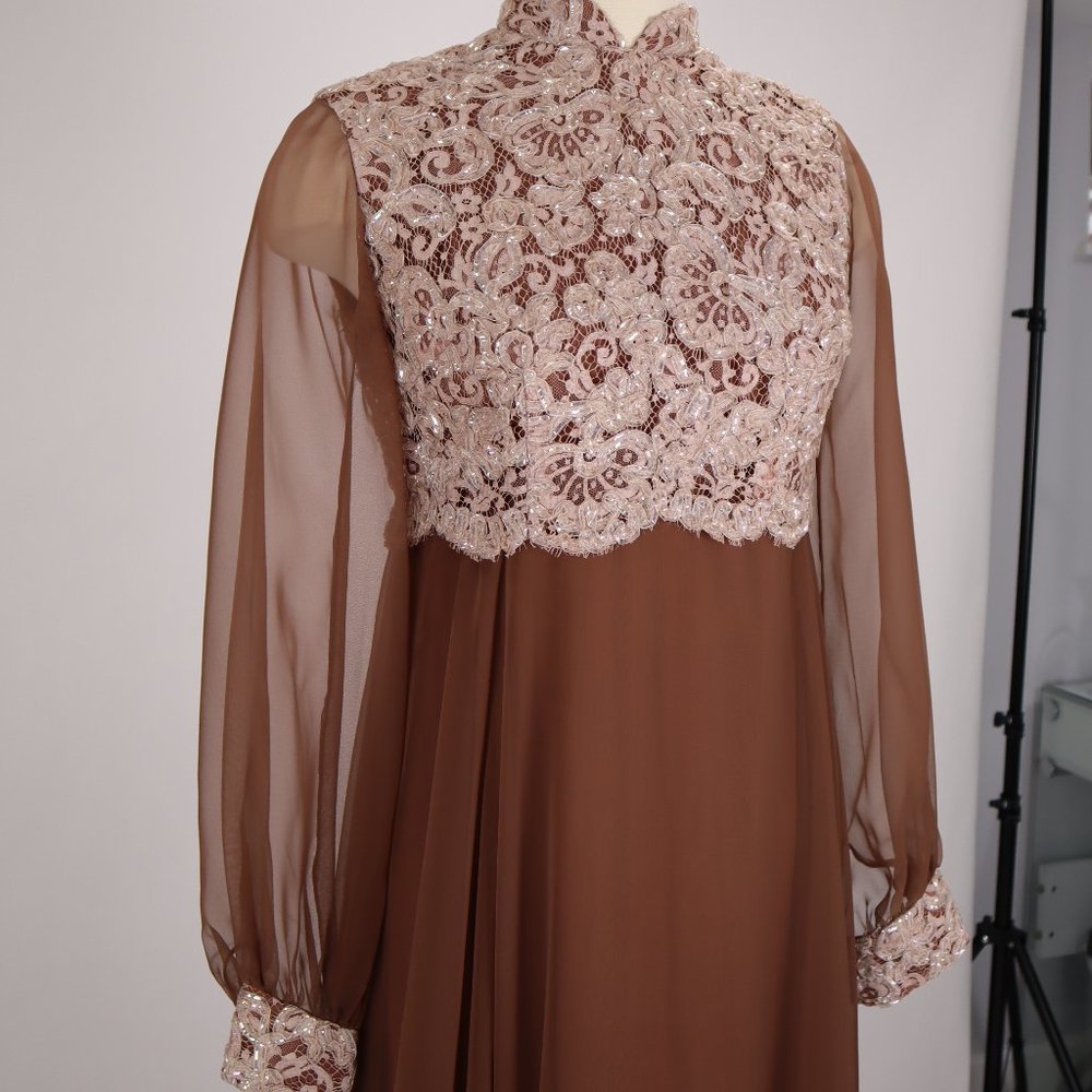 ❄️ Vtg 80's Chocolate Brown Long Chiffon Maxi Lace Sequin Party Cocktail Dress